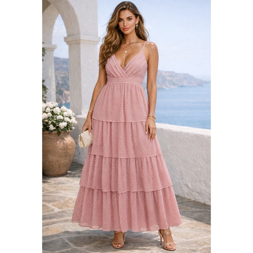 NEW Lulus Tiered Maxi Dress Womens XL Pink Love Stays True Swiss Dot Romantic
